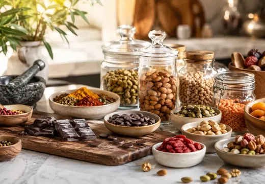 Épicerie culinaire avec chocolats, fruits secs, épices et ingrédients