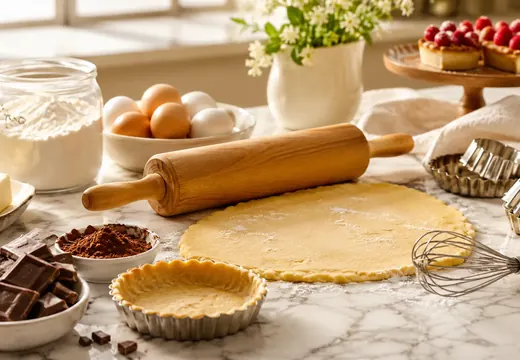 Univers pâtisserie avec rouleau, moule à tarte, fouet et pâte étalée