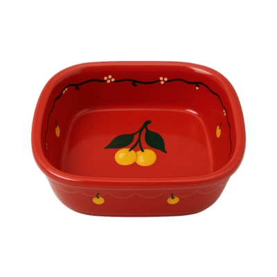 Plat carré rouge en céramique décoré de cerises style Plats alsaciens traditionnel