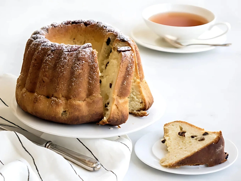 Kougelhopf alsacien traditionnel présenté dans une poterie alsacienne avec une tasse de thé