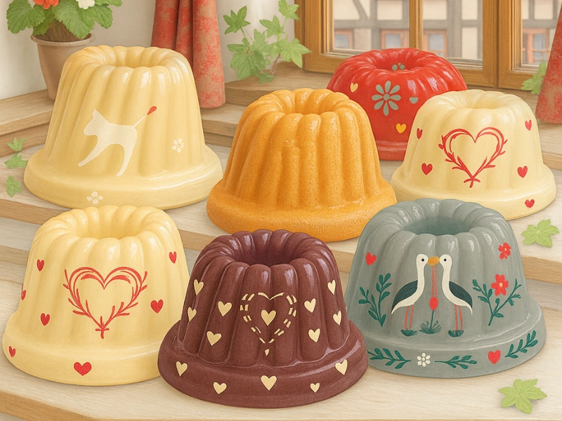 Moules à kougelhopf alsaciens en terre cuite décorés de motifs traditionnels cœur, cigogne, chat et marguerite