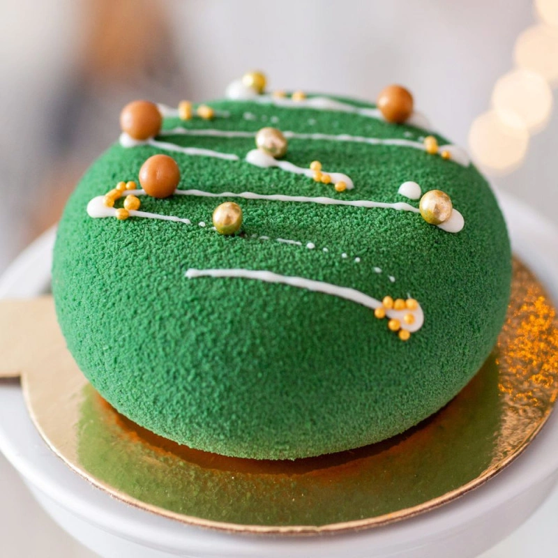 Entremets recouvert de spray velours alimentaire vert avec décoration chocolat et perles