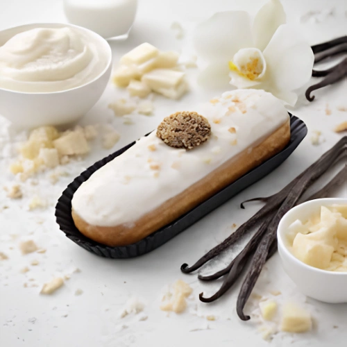 Éclair pâtissier à la vanille Bourbon Madagascar accompagné de gousses de vanille