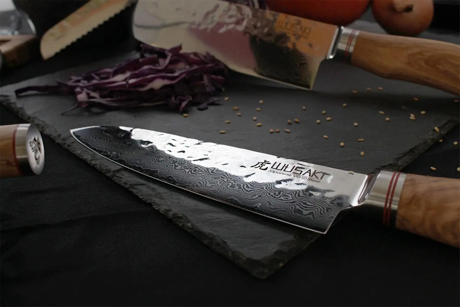 Couteau japonais Wusaki Santoku avec lame damassée et manche en bois, ustensile de cuisine haut de gamme