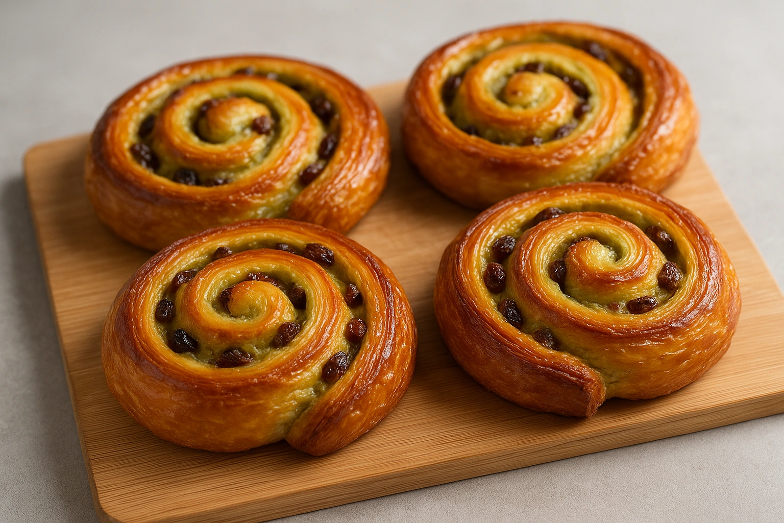Pains aux raisins feuilletés dorés avec crème pâtissière et raisins secs