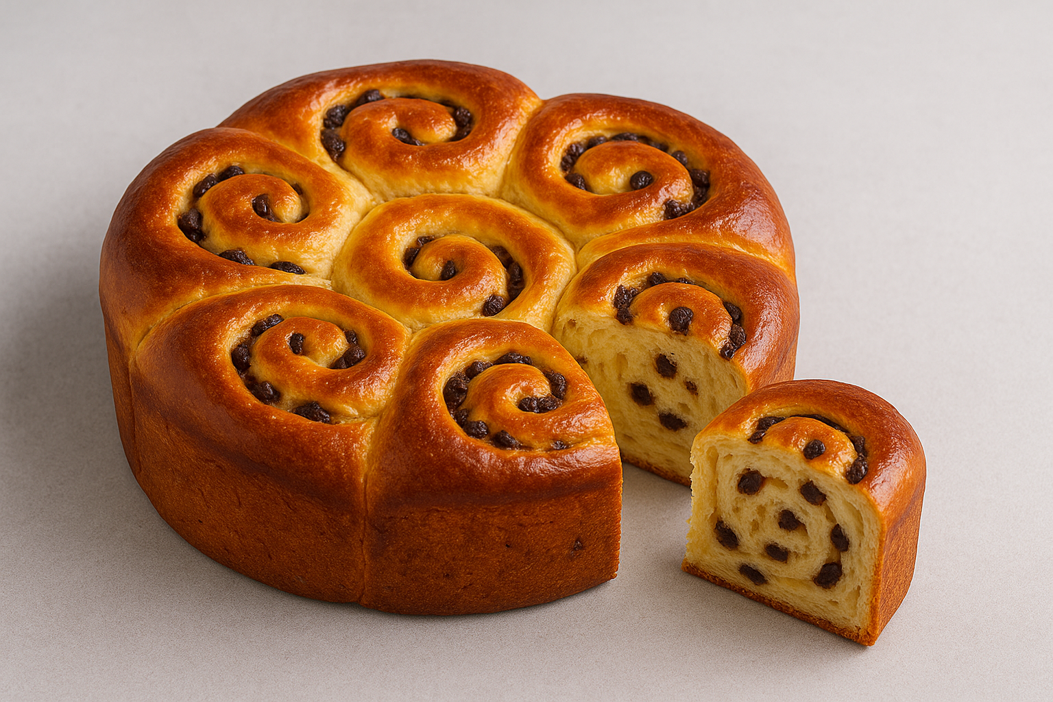 Chinois moelleux aux pépites de chocolat avec brioche roulée en spirale