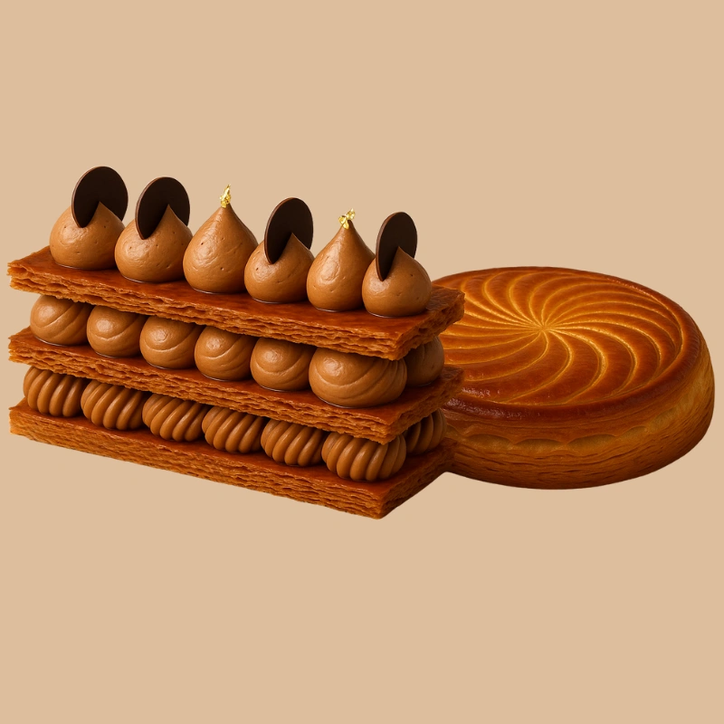 Pâtisseries feuilletées : mille-feuille au chocolat et galette des rois dorée sur fond beige