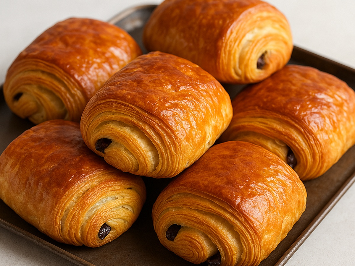 Pains au chocolat maison à la pâte feuilletée dorée sur plaque de cuisson