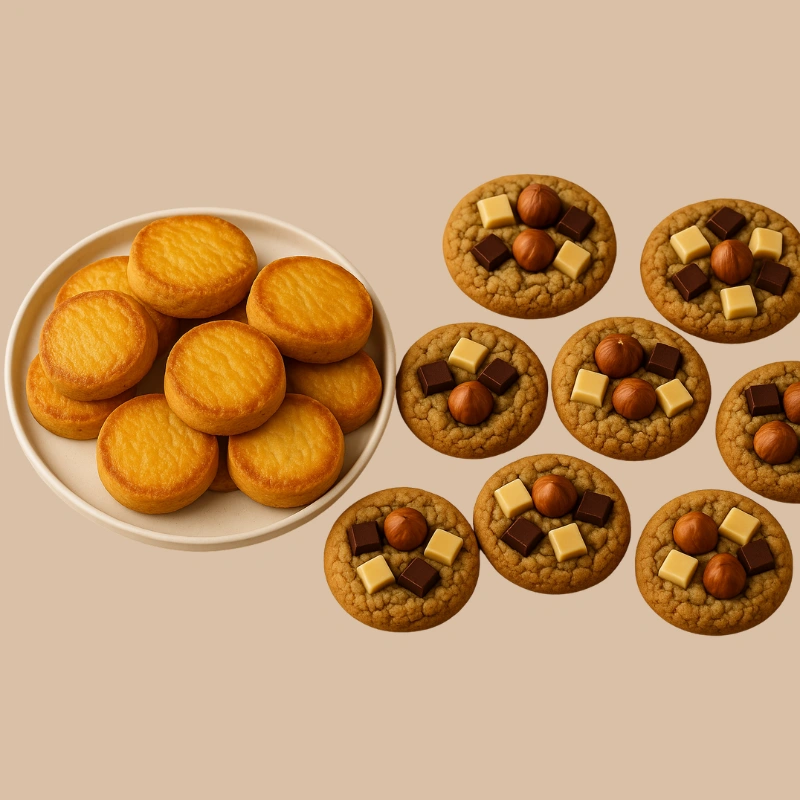 Assortiment de sablés dorés et cookies aux trois chocolats et noisettes entières sur fond neutre